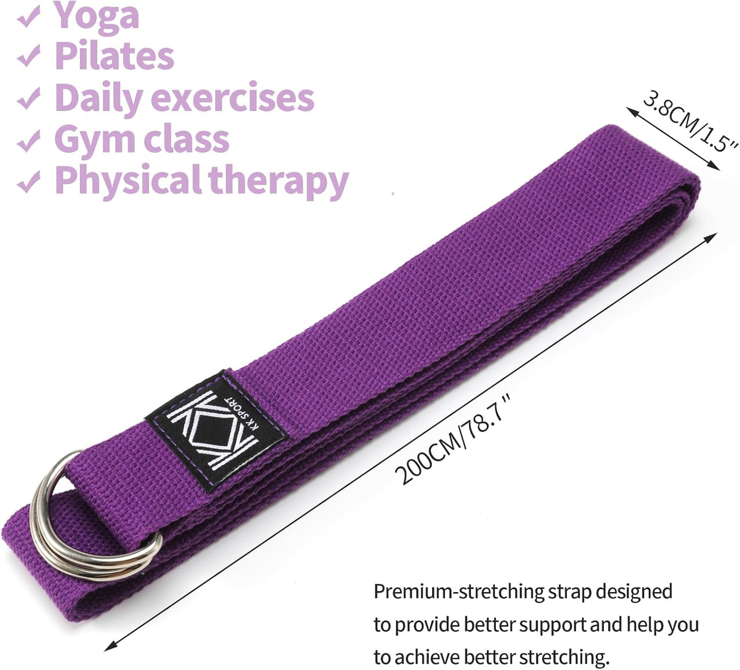 KK D-Ring Buckle Yoga Strap – 2M Long Yoga Belt - Adjustable, Non-Slip, Sweat-Wicking Exercise Straps For Maintaining Poses