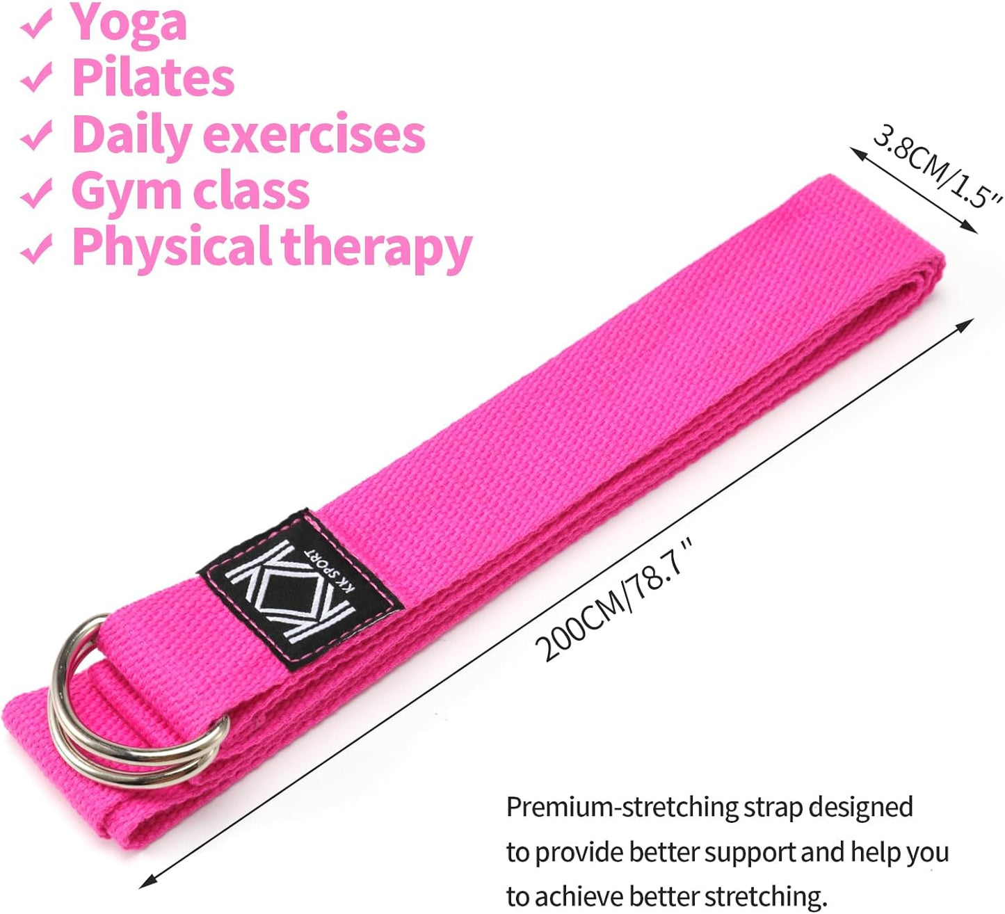 KK D-Ring Buckle Yoga Strap – 2M Long Yoga Belt - Adjustable, Non-Slip, Sweat-Wicking Exercise Straps For Maintaining Poses