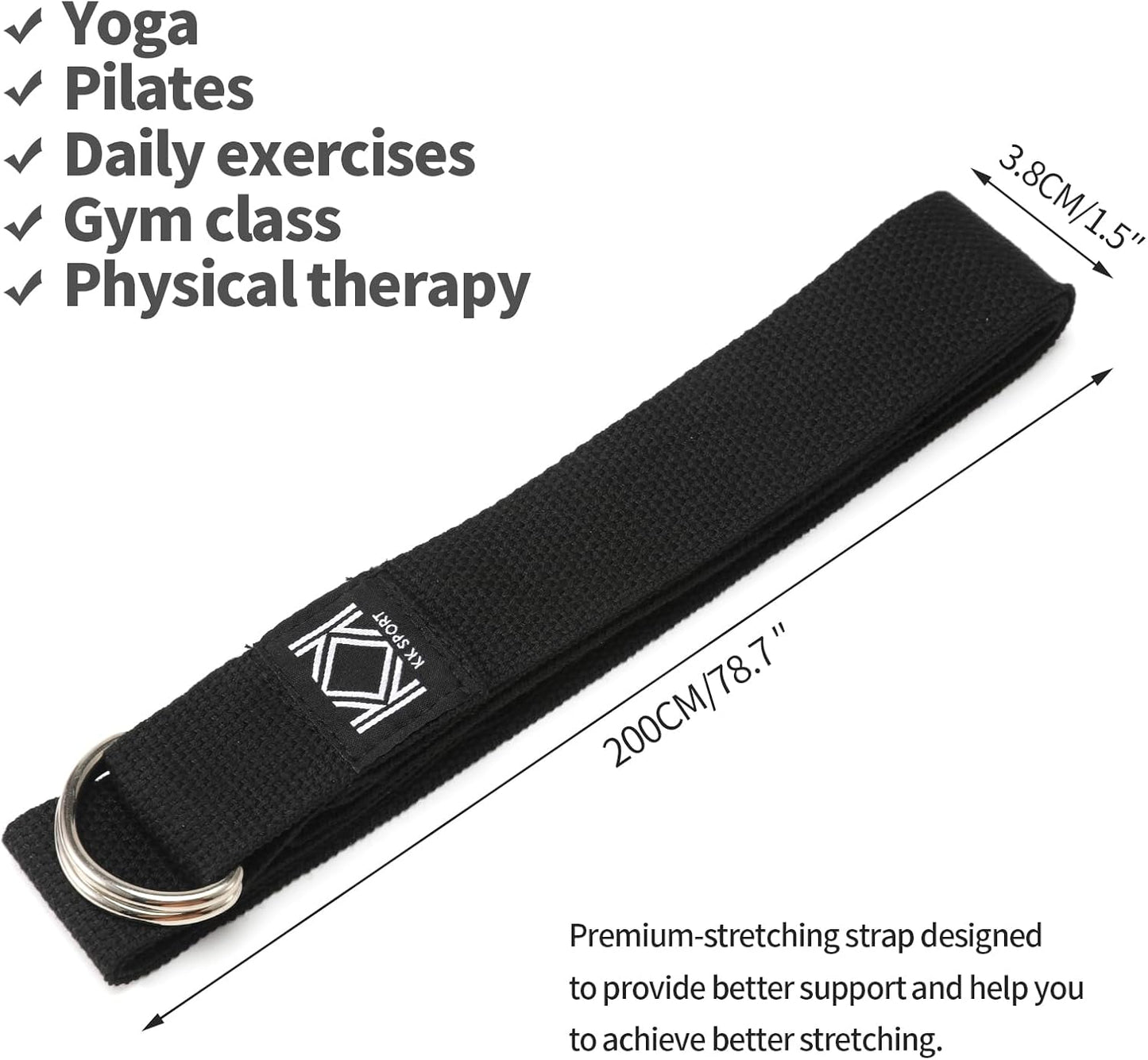 KK D-Ring Buckle Yoga Strap – 2M Long Yoga Belt - Adjustable, Non-Slip, Sweat-Wicking Exercise Straps For Maintaining Poses