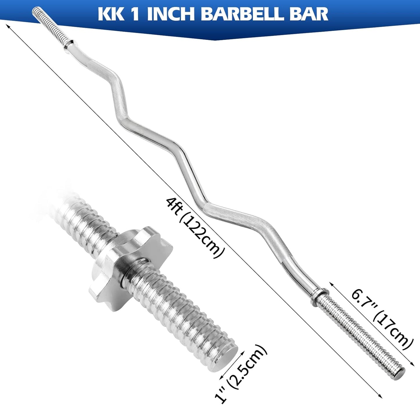 KK Chrome Barbell Curl Bar 4ft Weights Lifting Bar With Spin Lock Strength