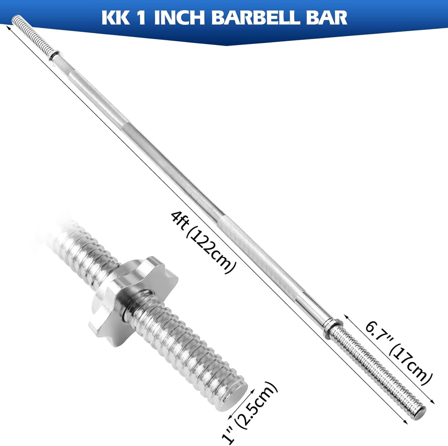 KK Chrome Barbell Curl Bar 4ft Weights Lifting Bar With Spin Lock Strength