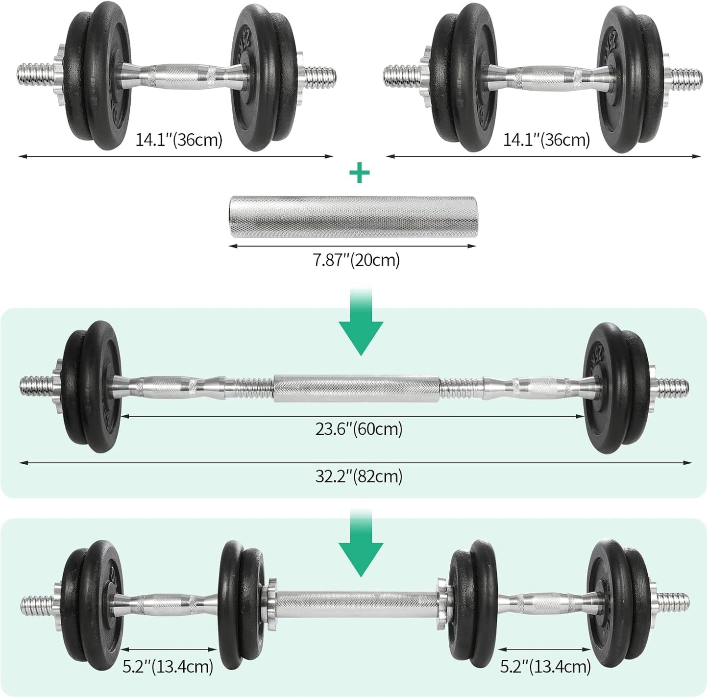 KK 20kg Cast Iron Adjustable Dumbbell Set and Barbell Weights Set for Men and Women Fitness and Strength Training Lifting Exercise Workout
