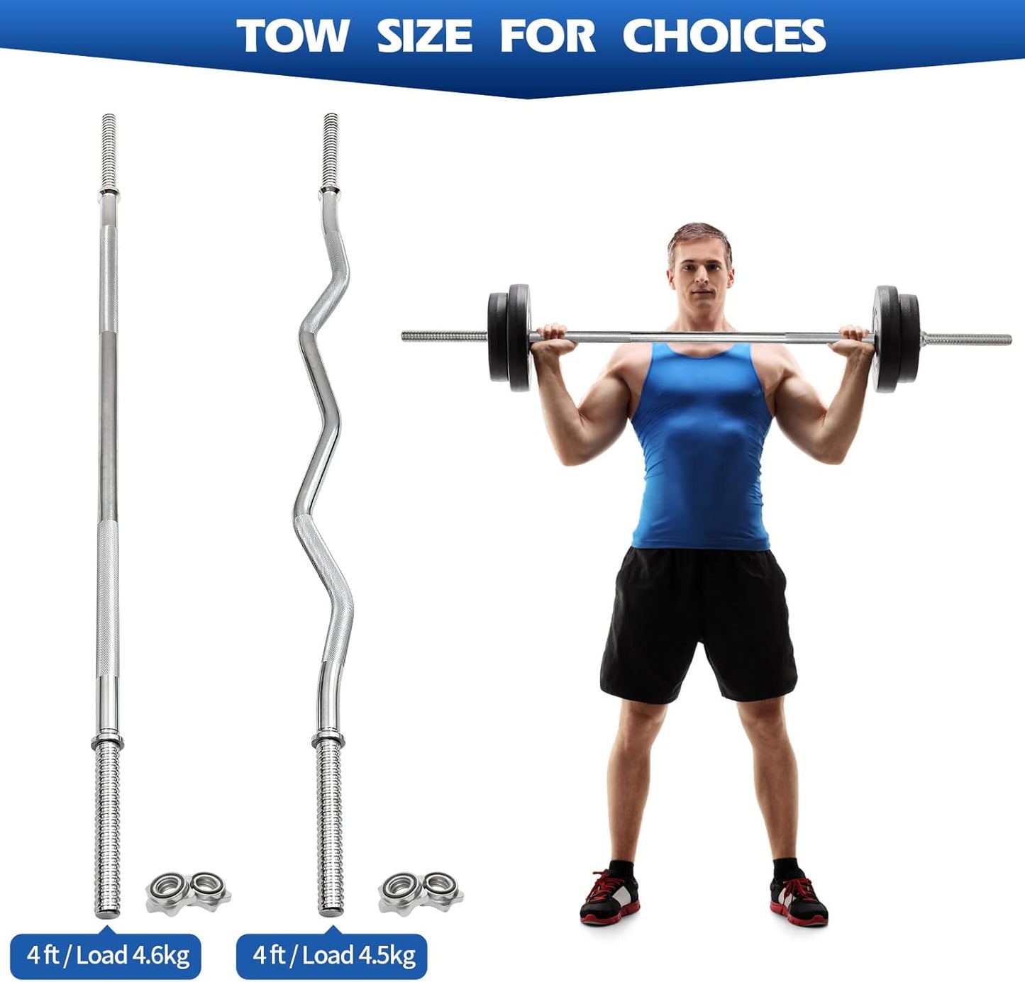 KK Chrome Barbell Curl Bar 4ft Weights Lifting Bar With Spin Lock Strength